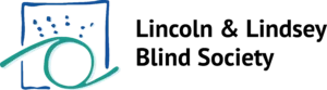 An outline of an eye in a square box. Braille dots spell out LLBS. To the right are the words Lincoln and Lindsey Blind society.