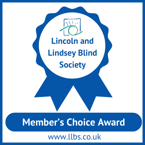 A rosetta with the Lincoln and Lindsey Blind Society logo in the middle. Underneath is a blue rounded corner rectangle with the white text Member's Choice Award. At the bottom is www.llbs.co.uk